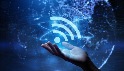 Global internet connection, Wifi 5G telecommunication concept on virtual screen. - obrazy, fototapety, plakaty
