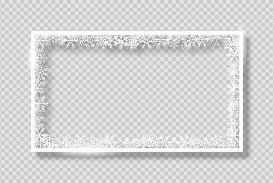 Frame with white snowflakes. Banner for Merry Christmas and New Year text or photo. White rectangle border with snowflake on transparent background with shadow. Vector.