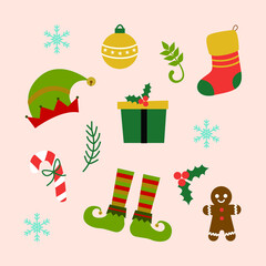 Christmas Background Set Elements With Elf Hat Mistletoe Sock Candy Gift Bell Ball Candy Decorations