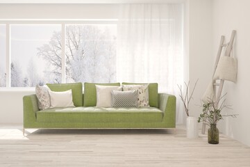 White living room with sofa and winter landscape in window. Scandinavian interior design. 3D illustration