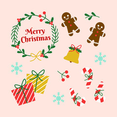 Christmas Background Set Elements With Gingerbeard Mistletoe Gift Bell Candy Decorations