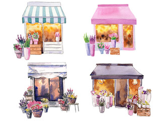 Watercolor illustration set of cozy, beautiful flower shops on the street