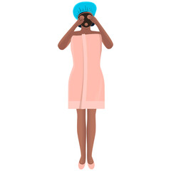 Black face mask. Daily care. Moisturizing treatment for the skin around the eyes against acne and blackheads. Girl in full growth after a shower in a towel. Health and lifestyle concept