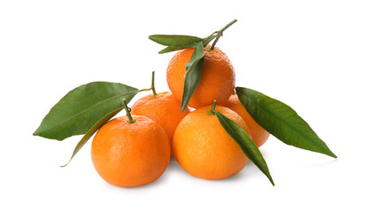Fresh ripe tangerines with green leaves on white background