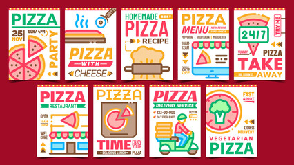 Naklejka premium Pizza Meal Creative Promotion Posters Set Vector. Vegetarian And Cheese Pizza, Restaurant And Menu, Delivery And Take Away Service, Advertising Banners. Concept Template Style Color Illustrations