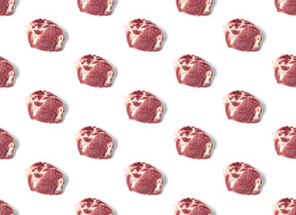 Seamless Pattern with raw pork meat slices on white background, food pattern