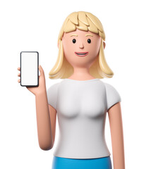 Cartoon blonde woman in white t-shirt show smartphone with white blank screen isolated over white background.