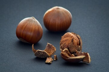 Fresh hazelnuts over black background with soft defocus