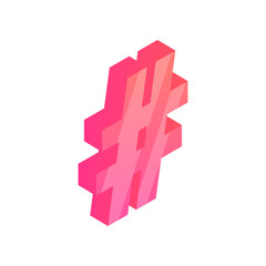 Fototapeta premium Isometric Hashtag Icon. Tweet social media community 3d symbol isolated on white background. Vector illustration design element