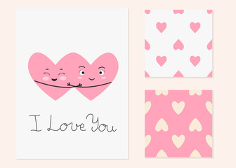 Vector illustration with two cartoon smiling hearts and inscription I Love You and seamless patterns with hearts. For Valentine's Day greeting card or party invitation and so print design for pajamas.
