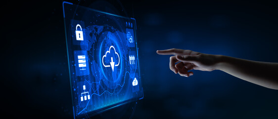 Cloud technology concept. Computing data storage. Software infrastructure. Hand pressing button.