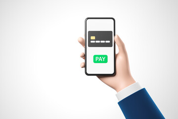 Cartoon businessman hand  hold smartphone with online bank application. Black bank credit card on the screen. Online payment concept.