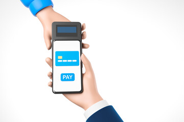 Smartphone payment using NFC technology and pos terminal isolated over white background. Closeup hands of mobile payment.