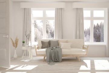White living room with sofa and winter landscape in window. Scandinavian interior design. 3D illustration