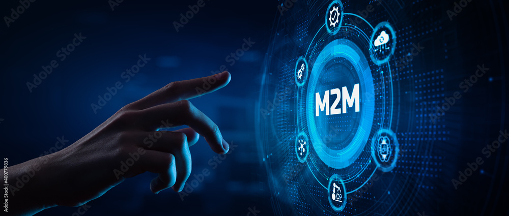Aufkleber m2m machine-to-machine technology concept. hand pressing button on virtual screen.