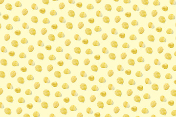 background made from Potato chips on light yellow background flat lay. potato snack chips isolated Fast food banner.