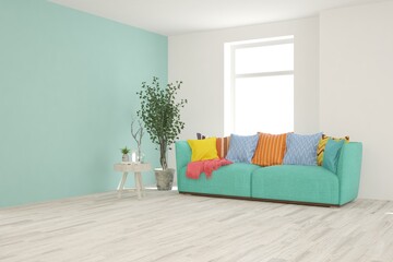 Colorful living room with sofa. Scandinavian interior design. 3D illustration