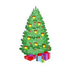 New Year and Christmas decorated fir tree and gifts isolated on white background. Vector stock illustration.