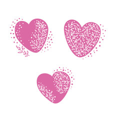 Set of pink hearts vector illustration, lace heart with ornament and pattern of flowers and leaves, suitable for the decoration of Valentine s Day, February 14 and Valentine Day.