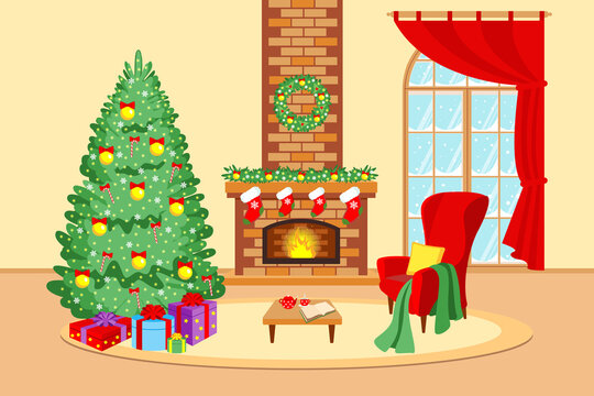 Cozy festive New Year and Christmas interior with a decorated Christmas tree and a fireplace. Vector stock illustration.