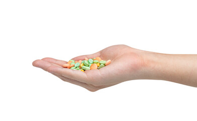 Hand holding pill isolated on white background ,include clipping path