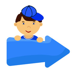 Happy boy with blue arrow with frame for text