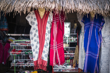 Souvenir shop and ethnic clothing at Akha hill tribe village, Ban Phahee, Chiang Rai province 