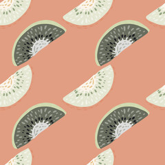 Pastel tones food seamless pattern with white and grey kiwi slice ornament. Pink background.