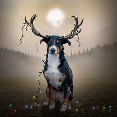 christmas dog with antler and fairy lights