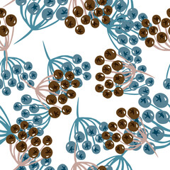Isolated seamless doodle pattern with nature rowan wild berries shapes. Brown and blue print.