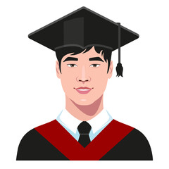 Asian college student, university graduate in graduation cap and celebration gown. Commencement ceremony. Vector illustration.