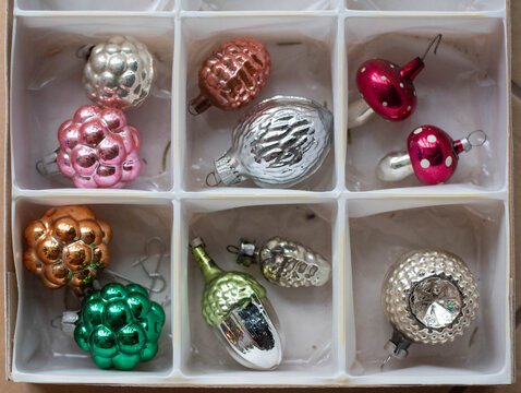 Vintage christmas ornaments - glass decorations - berries, mushrooms and nuts in a box