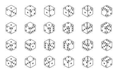 Set of isometric dice combination. Poker gambling cubes for casino isolated black and white vector illustration. 