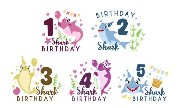 Baby Shark birthday party clipart - cartoon baby birthday composition, vector nursery cute nautical or undersea animal illustration on white background for card, invitation, t-shirt desing