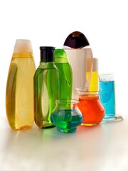 multicolor soaps,washing gloves and cosmetics in bathroom