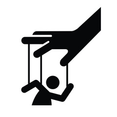 Cartoon hand with string puppet silhouette. Politics and control concept. Black and white isolated vector illustration.