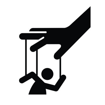 Cartoon hand with string puppet silhouette. Politics and control concept. Black and white isolated vector illustration.