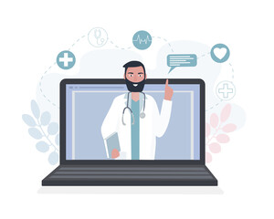 A doctor with a stethoscope on a laptop screen talks to a patient online. Medical consultations, exams, treatment, services, health care, conference online. for clinic website, app. Vector flat