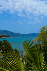 Perfect holiday concept: palm trees, blue sea, mountains on the horizon, selective focus
