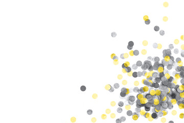 Yellow and gray confetti isolated on white background. Banner.