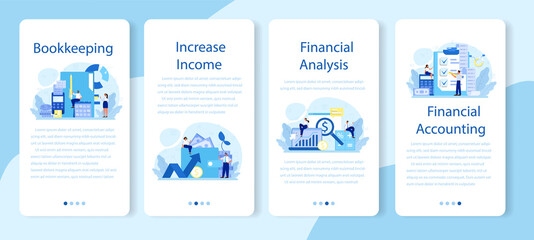 Bookkeeper mobile application banner set. Professional accountant