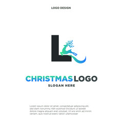 Deer Logo. Blue Shape Initial Letter L with Negative Space Jumping Deer Silhouette inside isolated on Grey Background. Flat Vector Logo Design Template Element.