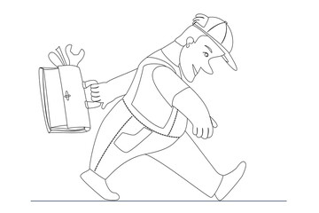 The repairman with the tool goes quickly. For coloring, vector in a linear style.