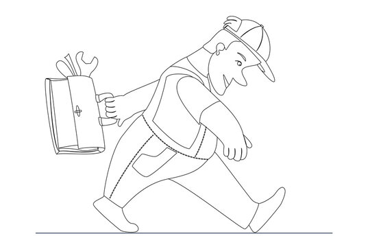 The repairman with the tool goes quickly. For coloring, vector in a linear style.