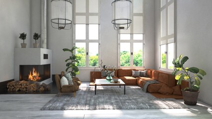 modern living room with fireplace