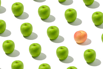 Creative concept trendy sunlight summer pattern of the green apple. Minimal summer concept on white background.