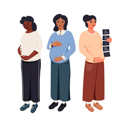 Obraz premium Pregnant women isolated on white vector illustration. Happy mothers is awaiting a baby design element. Young female parents in cartoon style.