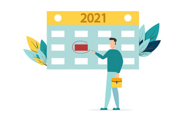 vector illustration. human characters make up an online timetable on a tablet. Planning for 2021. designing business graphics, planning tasks for the week - Vector.