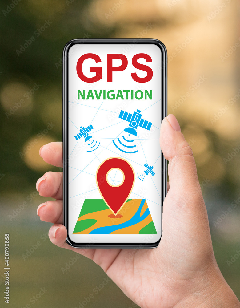 Poster gps navigation. app with geolocation tracking system on smartphone in female hand