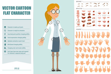 Cartoon flat funny doctor woman character in white uniform and glasses. Ready for animations. Face expressions, eyes, brows, mouth and hands easy to edit. Isolated on blue background. Vector set.